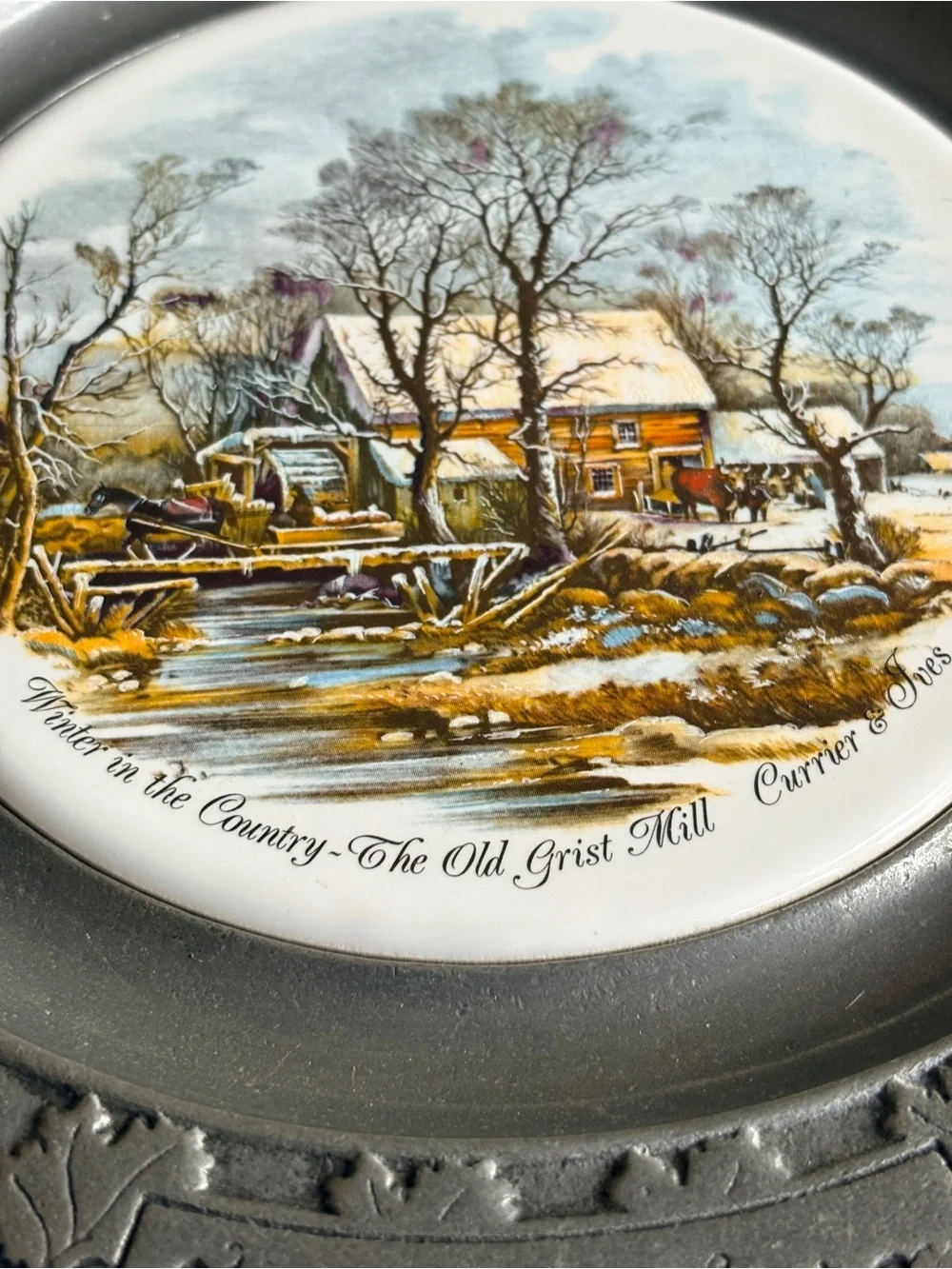 Vintage Currier & Ives Old Grist Mill Pewter Plate | Carson Freeport PA | Winter